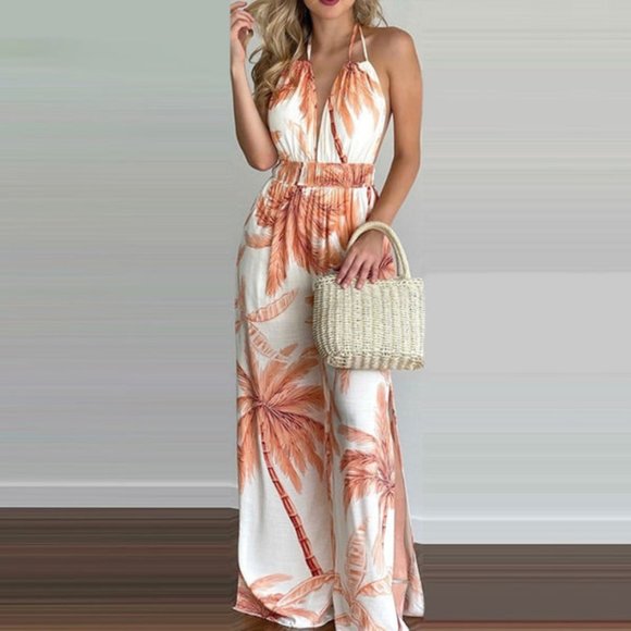Summer Women Jumpsuits Outfits Tropical Print Halter V Neck Jumpsuit - Picture 2 of 5